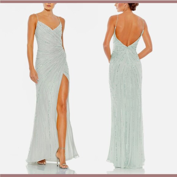 NWT $498 Mac Duggal [ 4 ]‎ Beaded Sleeveless Faux Wrap Gown in Mint #Q715 - Picture 2 of 14